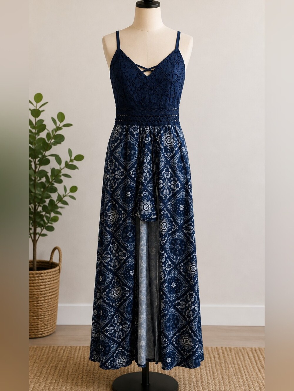Navy Lace Bodice Printed Dress w/ Attached Shorts